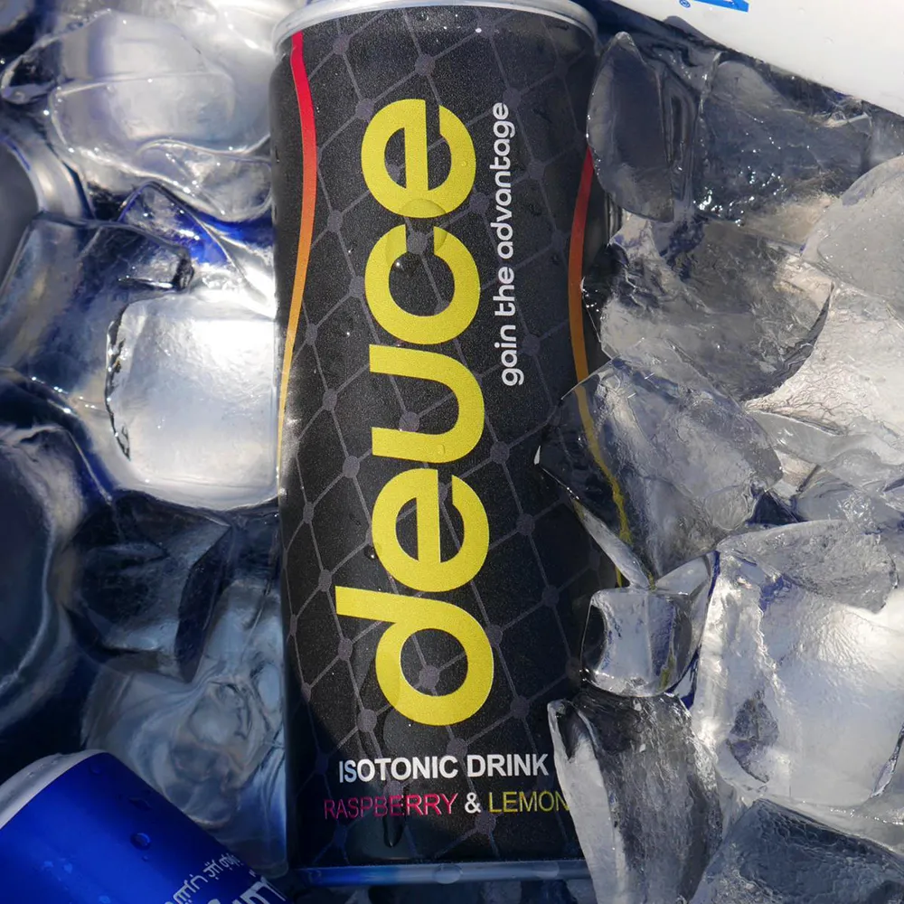 A can of deuce sitting on top of ice.